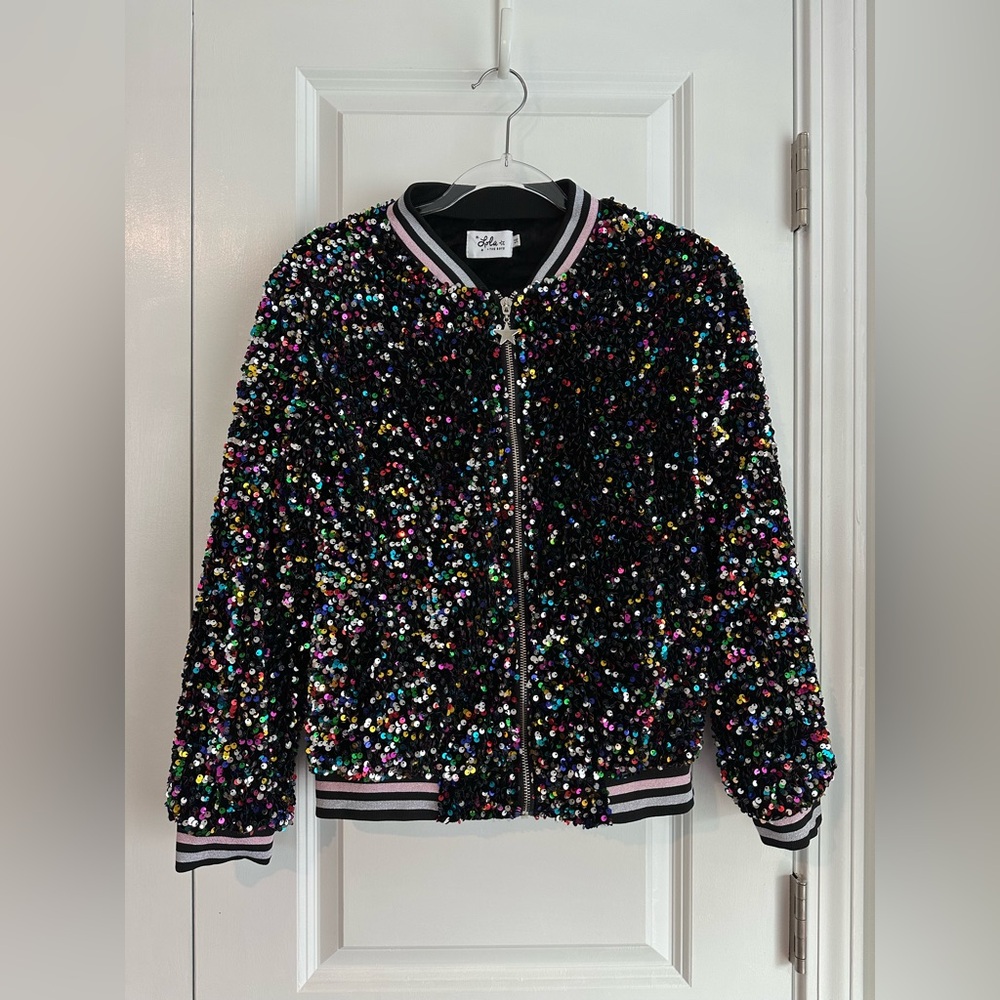 Lola + The Boys Girls Shimmering Stardust Sequin Bomber Jacket Size 14